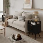 JOONEE Black Nightstand with Charging Station and LED Lights,Modern Bedside Table with 2 Storage Drawer and Open Wood Shelf, for Bedroom and Small Spaces,Night Stand with Solid Wood Legs,Black