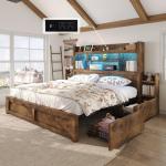 LUXOAK King Bed Frame with 49.6" Bookcase Headboard & 2 Bedside Stoage Racks & 4 Drawers, Farmhouse Wood Bed Frame with RGB LED & Charging Station, No Box Spring Needed, Rustic Brown