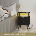 JOONEE Black Nightstand with Charging Station and LED Lights,Modern Bedside Table with 2 Storage Drawer and Open Wood Shelf, for Bedroom and Small Spaces,Night Stand with Solid Wood Legs,Black
