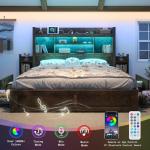 LUXOAK King Bed Frame with 49.6" Bookcase Headboard & 2 Bedside Stoage Racks & 4 Drawers, Farmhouse Wood Bed Frame with RGB LED & Charging Station, No Box Spring Needed, Rustic Brown