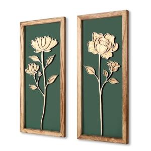 3D Floral Green Wall Art, Wood Boho Framed Wall Arts for Bathroom, Bedroom, Living Room, Dinning Room or Office, Lightweight Green Farmhouse Decor Gift - Set of 2