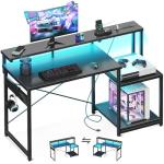 AODK Computer Desk, 48 Inch Gaming Desk with Led Lights & Power Outlet, Office Desk with Storage Shelves, Reversible Desk with Monitor Shelf & Headphone Hook, Carbon Fiber Black