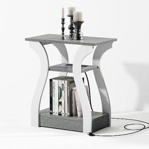 FROMJBEST End Tables Living Room, Grey End Table with Charging Station, Grey Side Table, Nightstand for Bedroom, 3 Tier End Table with Storage Shelf for Living Room