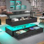 SEDETA 40" Lift Top Coffee Table, Coffee Tables with Storage for Living Room, Small Coffee Table with 2 Drawers & LED Light for Dining Reception Room, Black