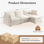 ROWHY 104'' Modular Sectional Cloud Couch with Movable Ottoman, 4 Seat Modern Corduroy Sofa, Deep Seat L Shaped Couch for Living Room Bedroom Apartment, Beige