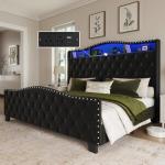 Belffin King Size Bed Frame and Headboard, 50.9" Velvet Upholstered Wingback Bedframe with LED Lights & Storage/Charging Station, Button Tufted Tall Footboard, No Box Spring Needed, Noise-Free, Black