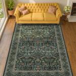 Vintage Floral Washable Rugs 5x7 for Living Room, Dark Green Soft Area Rugs for Bedroom, Dining Room, Classroom, Boho Home Office Décor, Farmhouse Forest Botanical Flower Carpet Thin Non Slip Low Pile