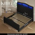 Belffin King Size Bed Frame and Headboard, 50.9" Velvet Upholstered Wingback Bedframe with LED Lights & Storage/Charging Station, Button Tufted Tall Footboard, No Box Spring Needed, Noise-Free, Black