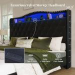 Belffin King Size Bed Frame and Headboard, 50.9" Velvet Upholstered Wingback Bedframe with LED Lights & Storage/Charging Station, Button Tufted Tall Footboard, No Box Spring Needed, Noise-Free, Black