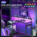 AODK Computer Desk, 48 Inch Gaming Desk with Led Lights & Power Outlet, Office Desk with Storage Shelves, Reversible Desk with Monitor Shelf & Headphone Hook, Carbon Fiber Black