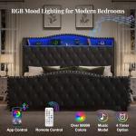 Belffin King Size Bed Frame and Headboard, 50.9" Velvet Upholstered Wingback Bedframe with LED Lights & Storage/Charging Station, Button Tufted Tall Footboard, No Box Spring Needed, Noise-Free, Black