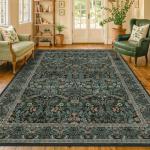 Vintage Floral Washable Rugs 5x7 for Living Room, Dark Green Soft Area Rugs for Bedroom, Dining Room, Classroom, Boho Home Office Décor, Farmhouse Forest Botanical Flower Carpet Thin Non Slip Low Pile