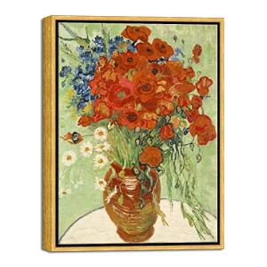 Wieco Art Framed Wall Art of Red Poppies and Daisies by Vincent Van Gogh Paintings Reproduction Abstract Canvas Prints for Home Living Room Decorations Bronze Gold Frame