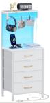 Furnulem White Nightstand, 38 inches Tall Night Stand with Charging Station and LED Lights, Bedside Table for Bedroom, Office, Hallway, 4 Fabric Drawers, Metal Frame, Wood Shelves