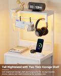 Furnulem White Nightstand, 38 inches Tall Night Stand with Charging Station and LED Lights, Bedside Table for Bedroom, Office, Hallway, 4 Fabric Drawers, Metal Frame, Wood Shelves