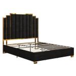 AMERLIFE King Size Upholstered Bed, Modern Velvet Bed Frame with 65.4” Tall Gold Trim Headboard, No Box Spring Needed, Black