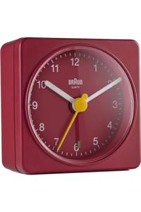 Braun Classic Travel Analogue Alarm Clock, Compact Size, Quiet Quartz Movement, Crescendo Beep Alarm in Red, Model BC02R.
