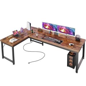 Huuger 63 Inch L Shaped Desk with Power Outlets and USB-C Port, 0.95 Inch Thicker Desktop, Reversible Computer Desk, Larger Office Corner Gaming Desk, Metal Frame, for Home Office, Study, Rustic Brown