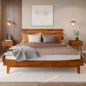 Bme Caden 15 Inch Deluxe Bed Frame with Adjustable Headboard - Mid Century, Retro Style with Acacia Wood - No Box Spring Needed - 12 Strong Wood Slat Support - Easy Assembly - Caramel, King