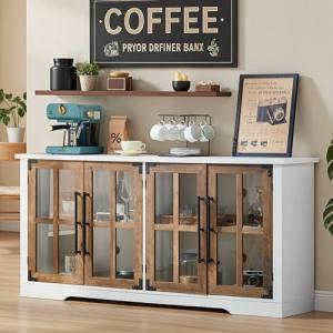 AMERLIFE Farmhouse 63" Buffet Sideboard Cabinet with Glass Door, Large Storage Cabinet with Adjustable Shelf, Wooden Coffee Bar Station for Kitchen, Dinning Room, White