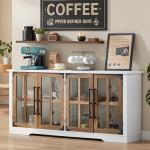AMERLIFE Farmhouse 63" Buffet Sideboard Cabinet with Glass Door, Large Storage Cabinet with Adjustable Shelf, Wooden Coffee Bar Station for Kitchen, Dinning Room, White