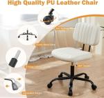 Sweetcrispy Small Office Desk Chair - Armless PU Leather with Comfy Lumbar Support, Height Adjustable Rolling Swivel Task for No Arms, for Adult, Student, Bedroom, Home, Vanity, Beige White