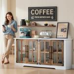 AMERLIFE Farmhouse 63" Buffet Sideboard Cabinet with Glass Door, Large Storage Cabinet with Adjustable Shelf, Wooden Coffee Bar Station for Kitchen, Dinning Room, White