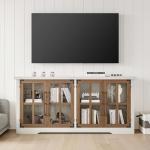 AMERLIFE Farmhouse 63" Buffet Sideboard Cabinet with Glass Door, Large Storage Cabinet with Adjustable Shelf, Wooden Coffee Bar Station for Kitchen, Dinning Room, White