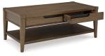 Signature Design by Ashley Roanhowe Contemporary 2-Drawer Coffee Table with Open Lower Shelf and Tapered Legs, Dark Brown
