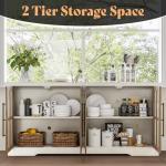 AMERLIFE Farmhouse 63" Buffet Sideboard Cabinet with Glass Door, Large Storage Cabinet with Adjustable Shelf, Wooden Coffee Bar Station for Kitchen, Dinning Room, White