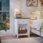 ChooChoo Farmhouse Nightstand with Charging Station, Wooden Top Bedside End Table with Drawer and Storage Space for Bedroom, White
