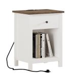 ChooChoo Farmhouse Nightstand with Charging Station, Wooden Top Bedside End Table with Drawer and Storage Space for Bedroom, White