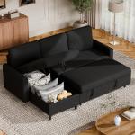 Vongrasig Pull Out Sleeper Sofa with Storage, 77" L-Shaped Convertible Couch Bed in Soft Corduroy for Small Living Room & Apartment, Reversible Sectional Sofa with Storage Chaise, Black