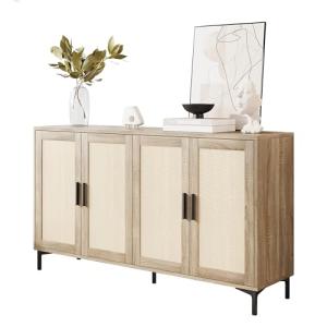 JASIWAY Sideboard - Kitchen Buffet Cabinet with Rattan Decorated Doors, Accent Cabinets with Doors, Coffee Bar Cabinets Rattan Sideboard Buffet Cabinet with Storage (Natural with 4 Doors)