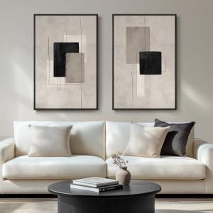 Large Framed Neutral Abstract Wall Art for Living Room, Set of 2 Black and Beige Modern Canvas Prints Paintings Artwork for Walls, Minimalist Block Lines Pictures for Hallway Office Wall Decor 24x36 In
