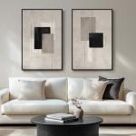 Large Framed Neutral Abstract Wall Art for Living Room, Set of 2 Black and Beige Modern Canvas Prints Paintings Artwork for Walls, Minimalist Block Lines Pictures for Hallway Office Wall Decor 24x36 In