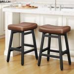 Raynesys Counter Height Bar Stools Set of 2, 24 Inch Barstools for Kitchen Counter, Kitchen Stools with Bonded Leather Saddle Seats & Heavy Duty Metal Legs, Easy Assembly, Brown/Black