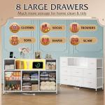 WLIVE White TV Stand for 45, 50, 55 inch TV, Entertainment Center with LED Lights & Charging Station, TV Media Console Table with 8 Fabric Drawers and Open Shelves for Living Room, Hallway, Wood Top