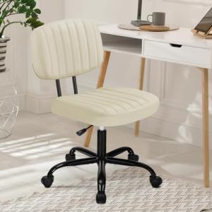 DUMOS Armless Home Office Desk Chair -Small Ergonomic with Low Back Lumbar Support, Height Adjustable PU Leather Computer Task with 360° Swivel Rolling Wheels, for Small Space, Beige White