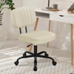 DUMOS Armless Home Office Desk Chair -Small Ergonomic with Low Back Lumbar Support, Height Adjustable PU Leather Computer Task with 360° Swivel Rolling Wheels, for Small Space, Beige White