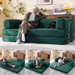 WHGBJA 79" Convertible Sleeper Sofa Bed with Cylindrical Pillow, Corduroy Folding Mattress Couch with Fixed-Shape Frame, Floor Sofa Lounge Couch for Living Room Bedroom Lounge Studio (Green)