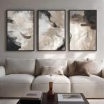 Large Framed Neutral Abstract Wall Art for Living Room, 3 Piece Modern Canvas Prints Paintings Artwork for Walls, Black Beige Brown Neutral Tone Pictures for Hallway Bedroom Office Wall Decor 24x36 In