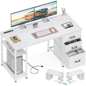 AODK 51 Inch Computer Desk with Drawers & USB Power Outlets - Reversible Home Office Desk with Storage Shelves, Work from Home, Modern Work/Writing/Study Table for Bedroom, White