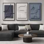 Large 3D Textured Framed Blue and White Abstract Wall Art for Living Room, 3 Piece Modern Artwork for Walls, Minimalist Navy Blue Geometric Paintings for Hallway, Stair, Office Wall Decor 24x36 In