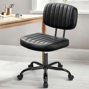 DUMOS Small Armless Home Desk Chair with Low Back Lumbar Support, Height Adjustable PU Leather Computer Task Chair with 360° Swivel Wheels, for Small Space, Kids and Adults, New Black