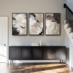 Large Framed Neutral Abstract Wall Art for Living Room, 3 Piece Modern Canvas Prints Paintings Artwork for Walls, Black Beige Brown Neutral Tone Pictures for Hallway Bedroom Office Wall Decor 24x36 In