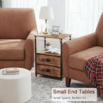 LOAKEKEL Night Stand Set 2, Nightstand with Charging Station, End Tables with Storage Shelf for Small Spaces, Bedside Table Side Tables with 2 Fabric Drawers for Bedroom, Rustic Brown, HETS020PBR