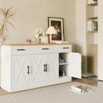 SUNLEI Buffet Cabinet with Storage, Farmhouse Storage Cabinet with 4 Doors and 3 Drawers, Coffee Bar Station Wood Buffet Table with Adjustable Shelf for Living Room, White