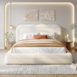 Homkdom Queen Bed Frame with Headboard, Upholstered Cloud Bed Frame, Anti-Collision Soft Rounded Corners, Boucle Platform Bed for Modern Bedrooms, Apartments, Guest Rooms, No Box Spring Needed,Beige