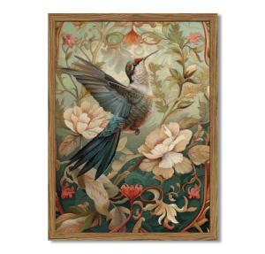 Framed Vintage Hummingbird Wall Art, Floral Bird Wall Decor Paintings, 3D Sandstone Textured Nature Botanical Pictures Prints Aesthetic Home Decor for Living Room Bedroom Bathroom Office 16x24 inch